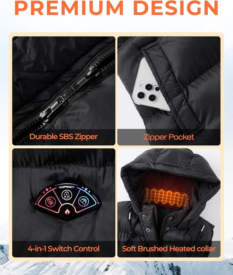 Topdot Store Long Puffer Heated Vest for Women with 16000mAh Battery Pack, 10 Heating Zones Hooded Winter Women's Heated Vest Outwear - Image 4